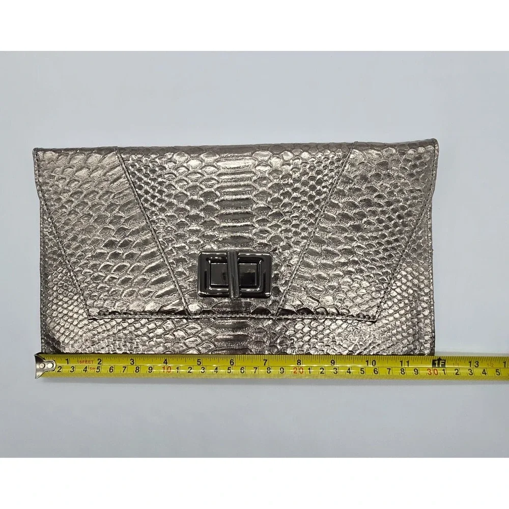 MMS Metallic Snakeskin Embossed Clutch Evening Bag Gunmetal Chain Strap